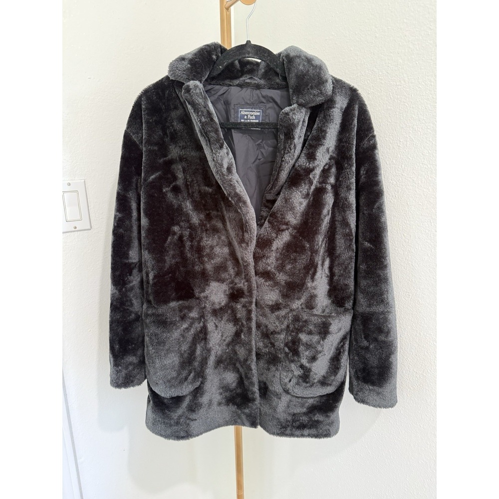 abercrombie fitch Women Faux Fur Jacket XS Black Coat Collared Snap